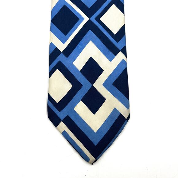 Christian Dior Vintage 70s Silk Geometric Tie Blue White B Altman